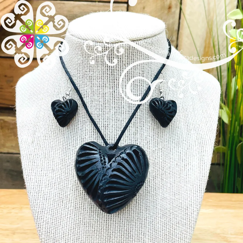 9- Flower Heart Set - Black Clay Jewelry