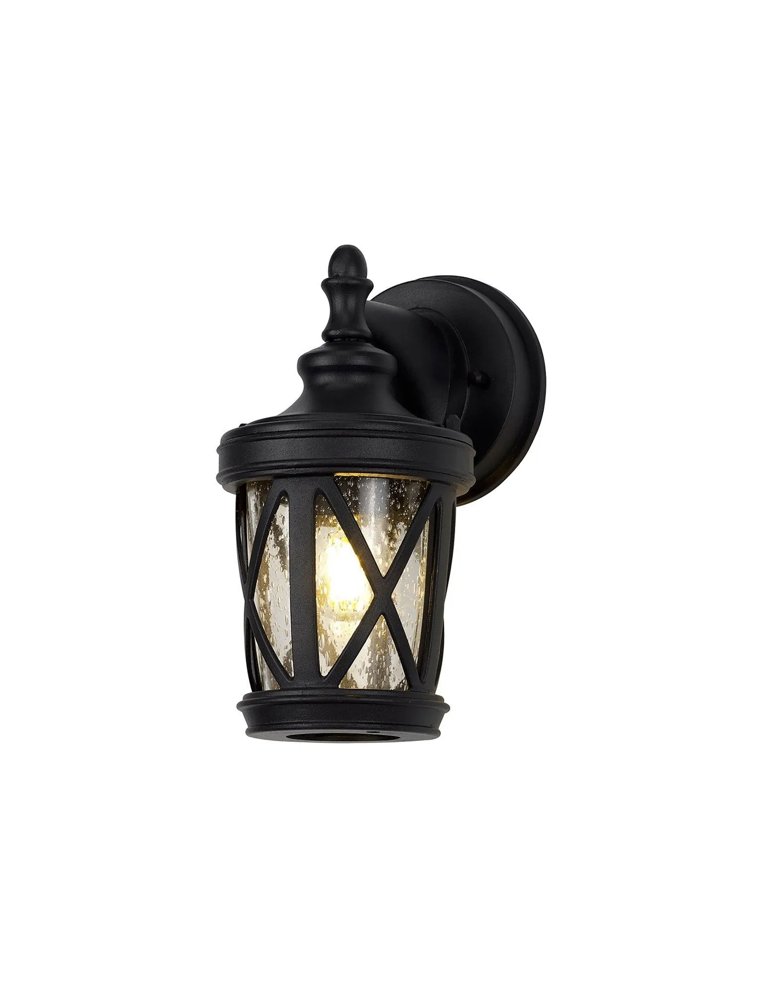 Alcover Down Round Criss Cross/Round Grid/Round/Square Criss Cross Outdoor Wall Lamp, 1 x E27, IP44, Sand Black & Clear Seeded Glass, 2yrs Warranty