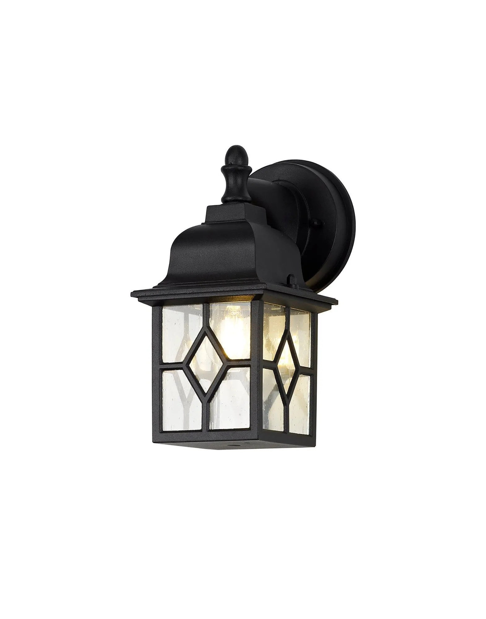 Alcover Down Round Criss Cross/Round Grid/Round/Square Criss Cross Outdoor Wall Lamp, 1 x E27, IP44, Sand Black & Clear Seeded Glass, 2yrs Warranty