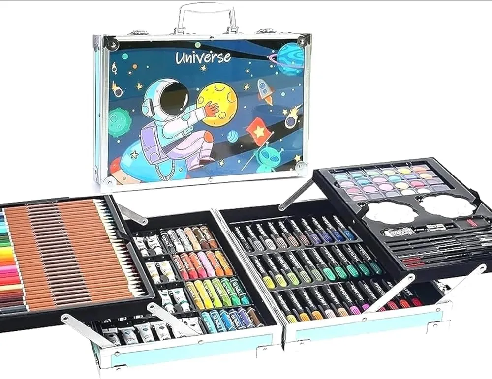 Artek Art Set Gift 145pcs with Portable Aluminum Case Box Professional Artists Drawing Painting Kit for Kids Including Colored Pencils Watercolor Paints (Space Blue)