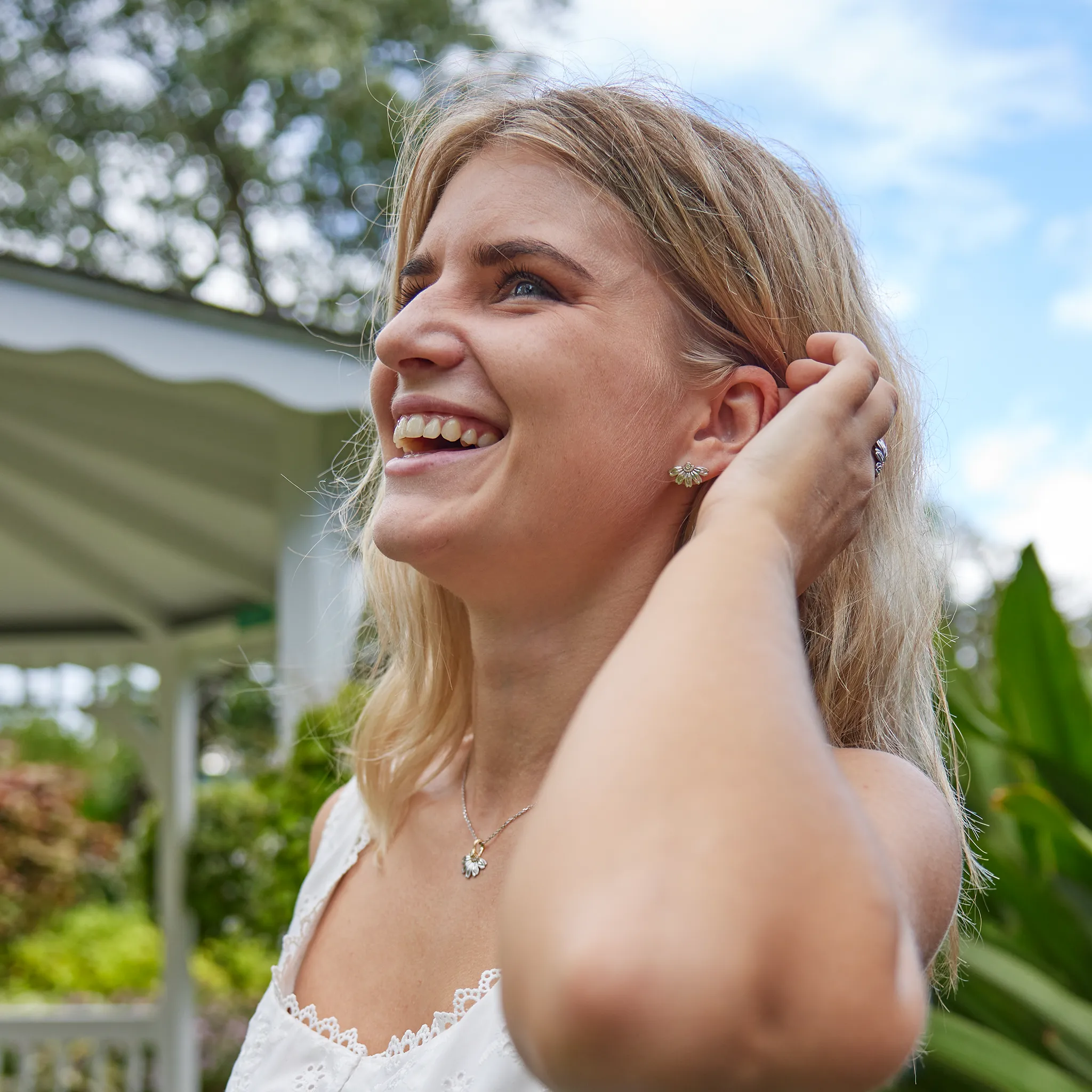 Beach Naupaka Earrings in Two Tone Gold with Diamonds