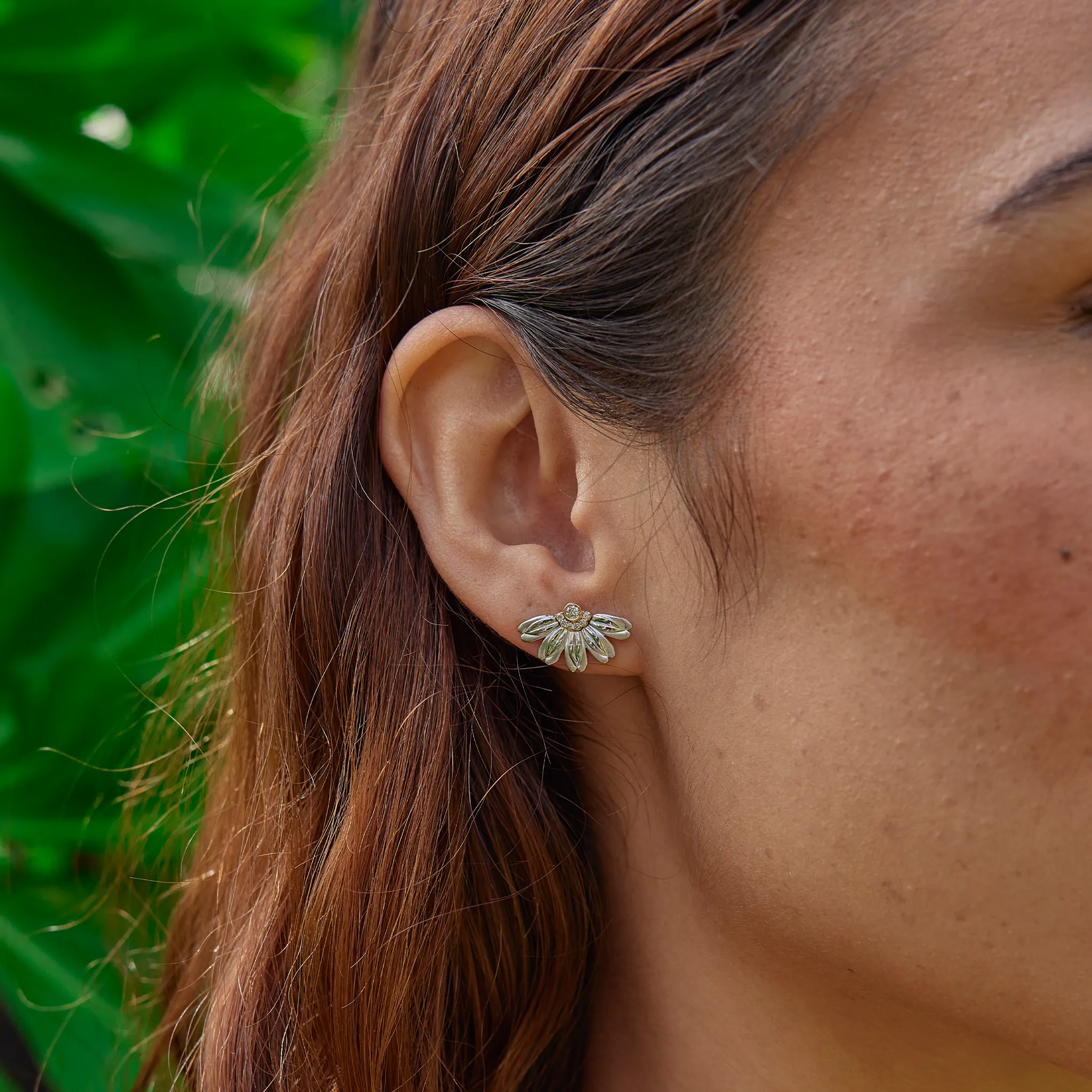 Beach Naupaka Earrings in Two Tone Gold with Diamonds