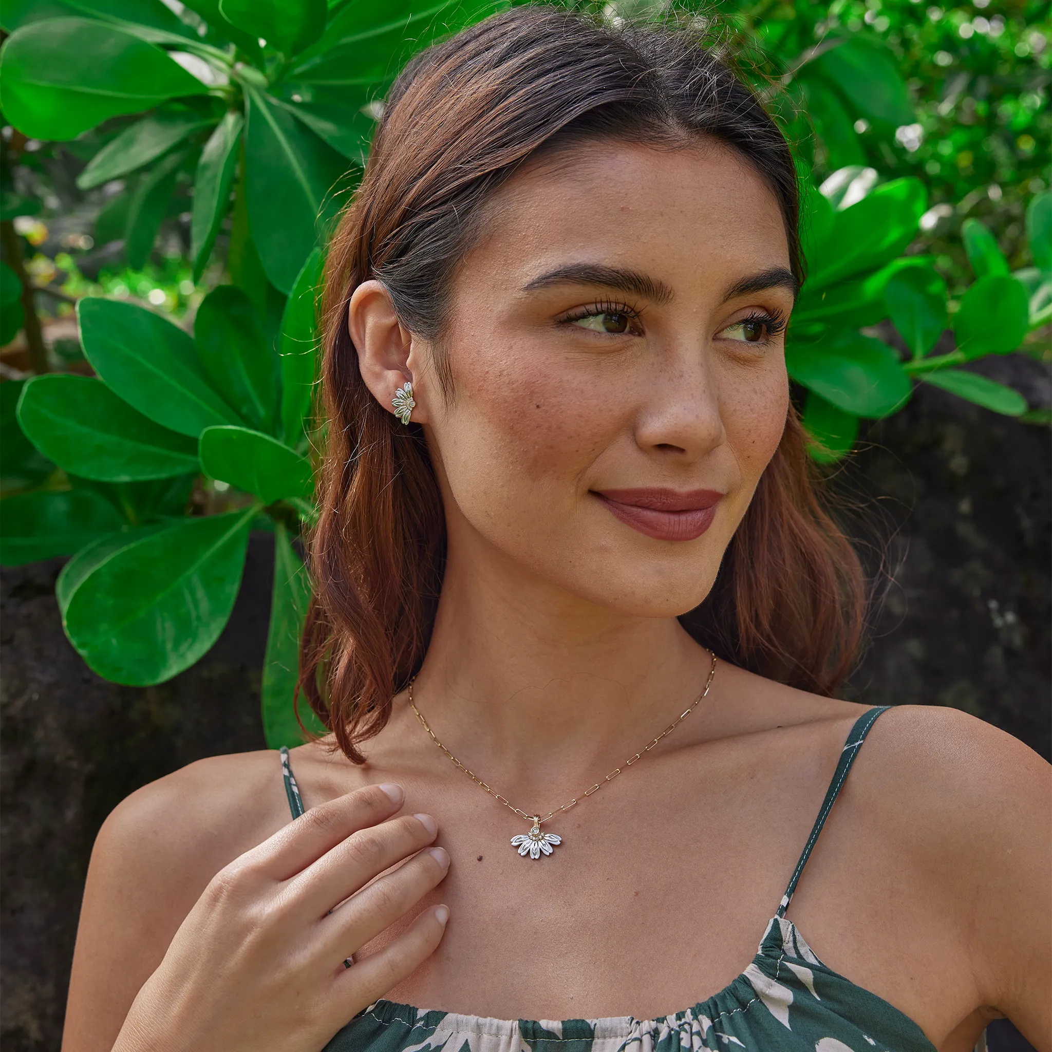 Beach Naupaka Earrings in Two Tone Gold with Diamonds