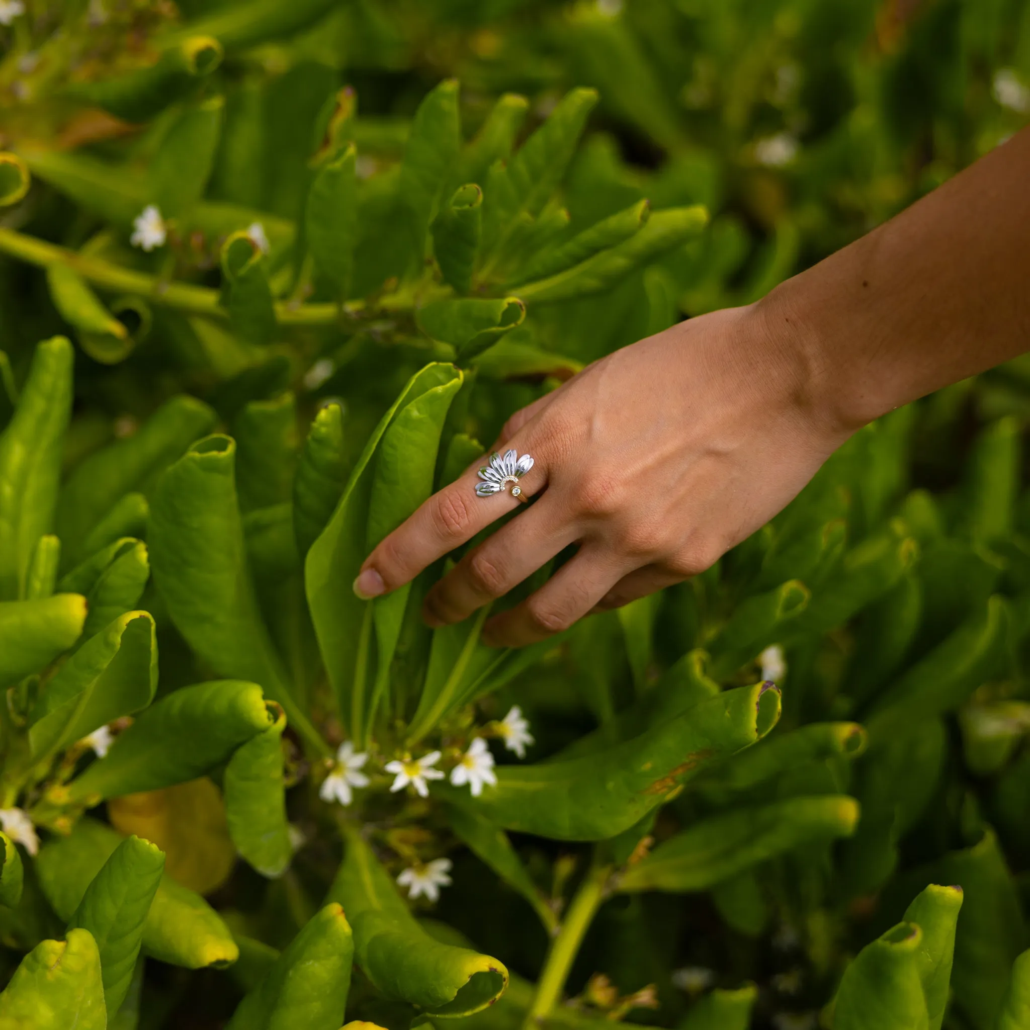 Beach Naupaka Ring in Two Tone Gold with Diamonds