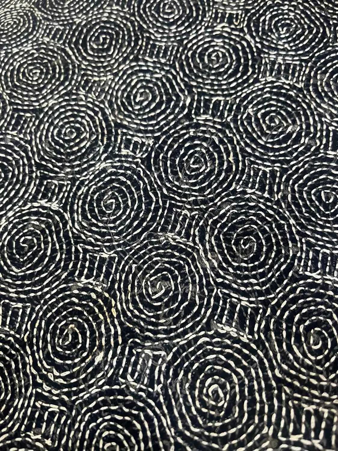 Black Kantha Hand Embroidered Pure Tussar Silk Fabric ( 1 Mtr )