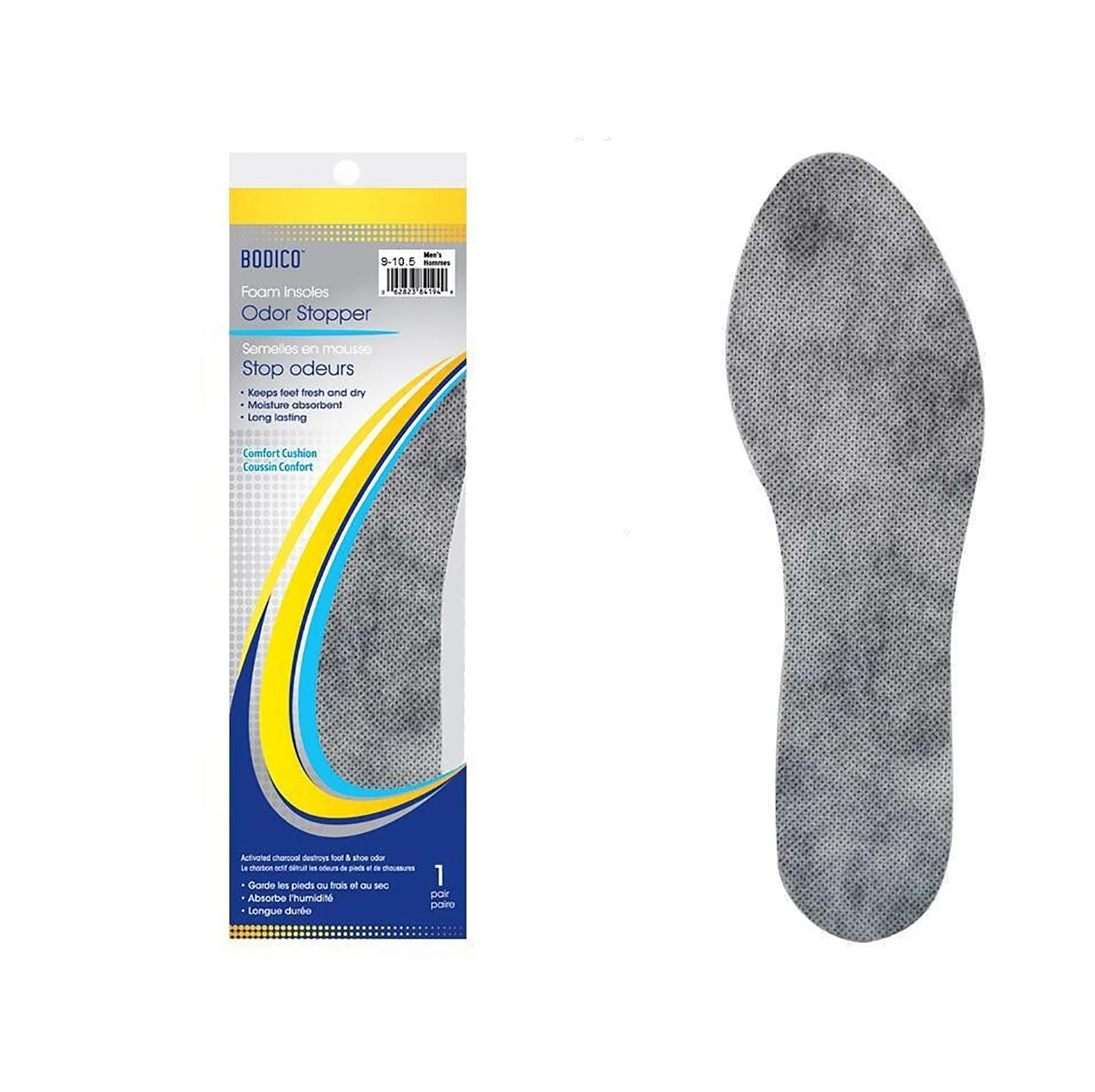 Bodico 1 Pair Black Insoles Odour Stopper Men's 9-10.5