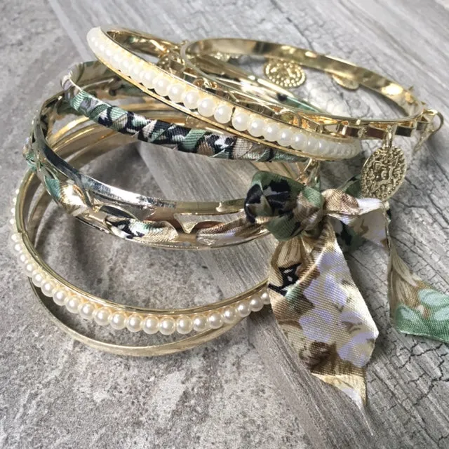 BOHO INSPIRED GOLD PEARL GREEN FLORAL MIXED BANGLE SET