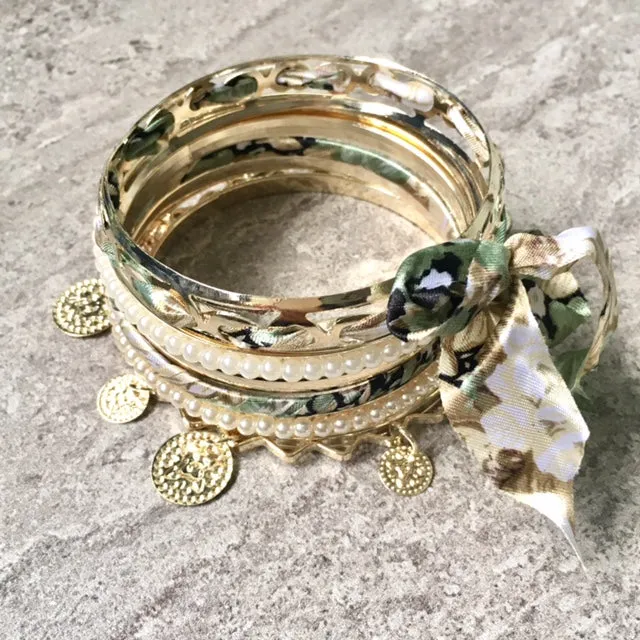 BOHO INSPIRED GOLD PEARL GREEN FLORAL MIXED BANGLE SET