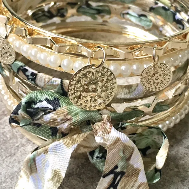 BOHO INSPIRED GOLD PEARL GREEN FLORAL MIXED BANGLE SET