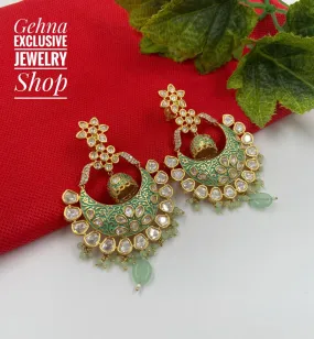 Designer Gold Plated Mint Color Kundan Party Chandbali Earrings For Ladies