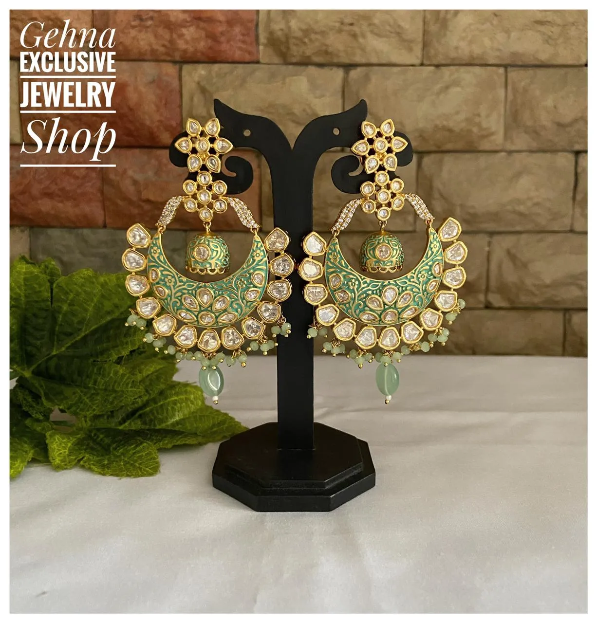 Designer Gold Plated Mint Color Kundan Party Chandbali Earrings For Ladies