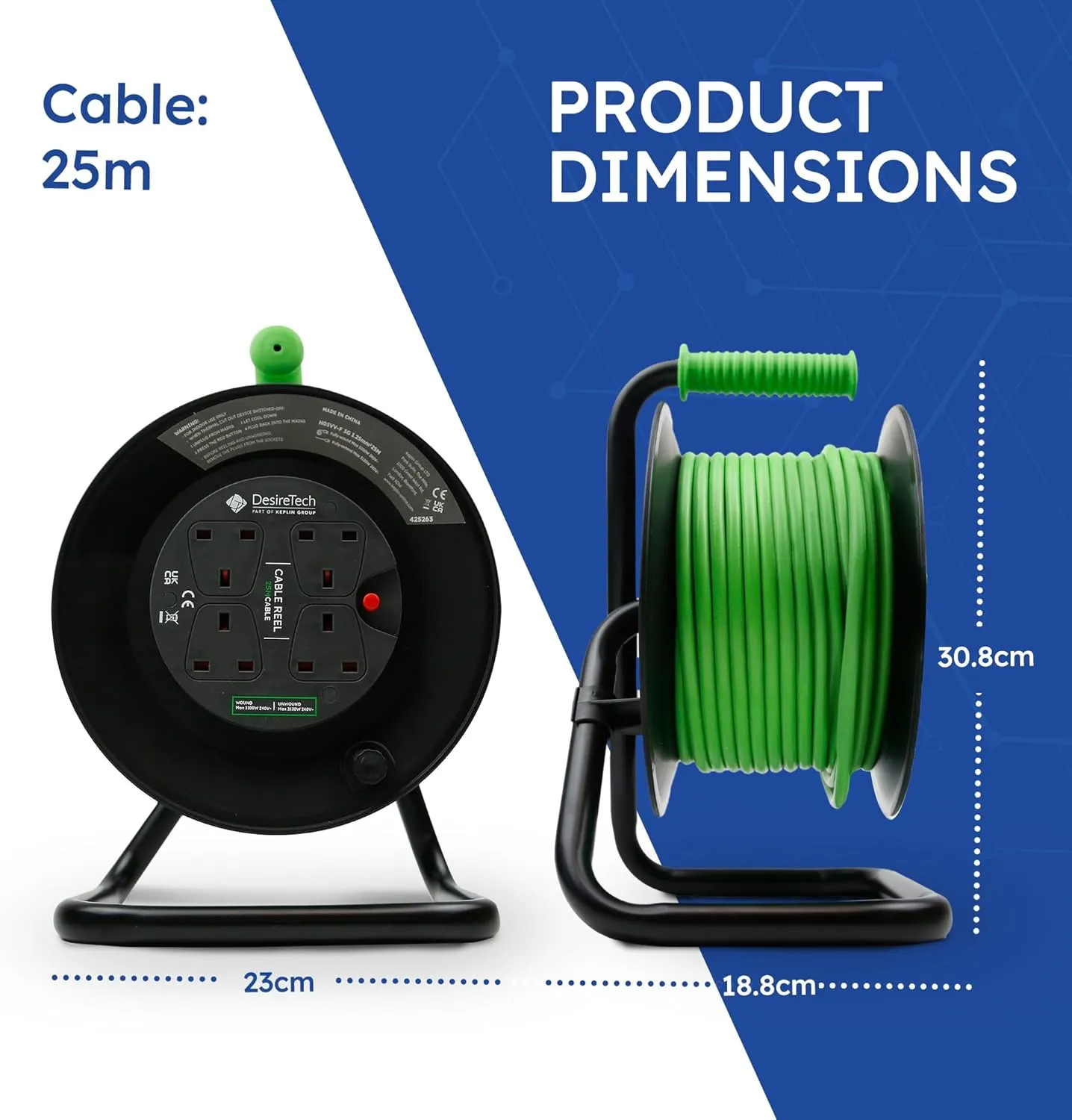 Desiretech 10-Metre Heavy-Duty Portable Cable Reel Extension Lead – 4 Shuttered Sockets, Thermal Cut-Out, Ergonomic Handle, Green/Black – Robust Extension Cord for Indoor Use