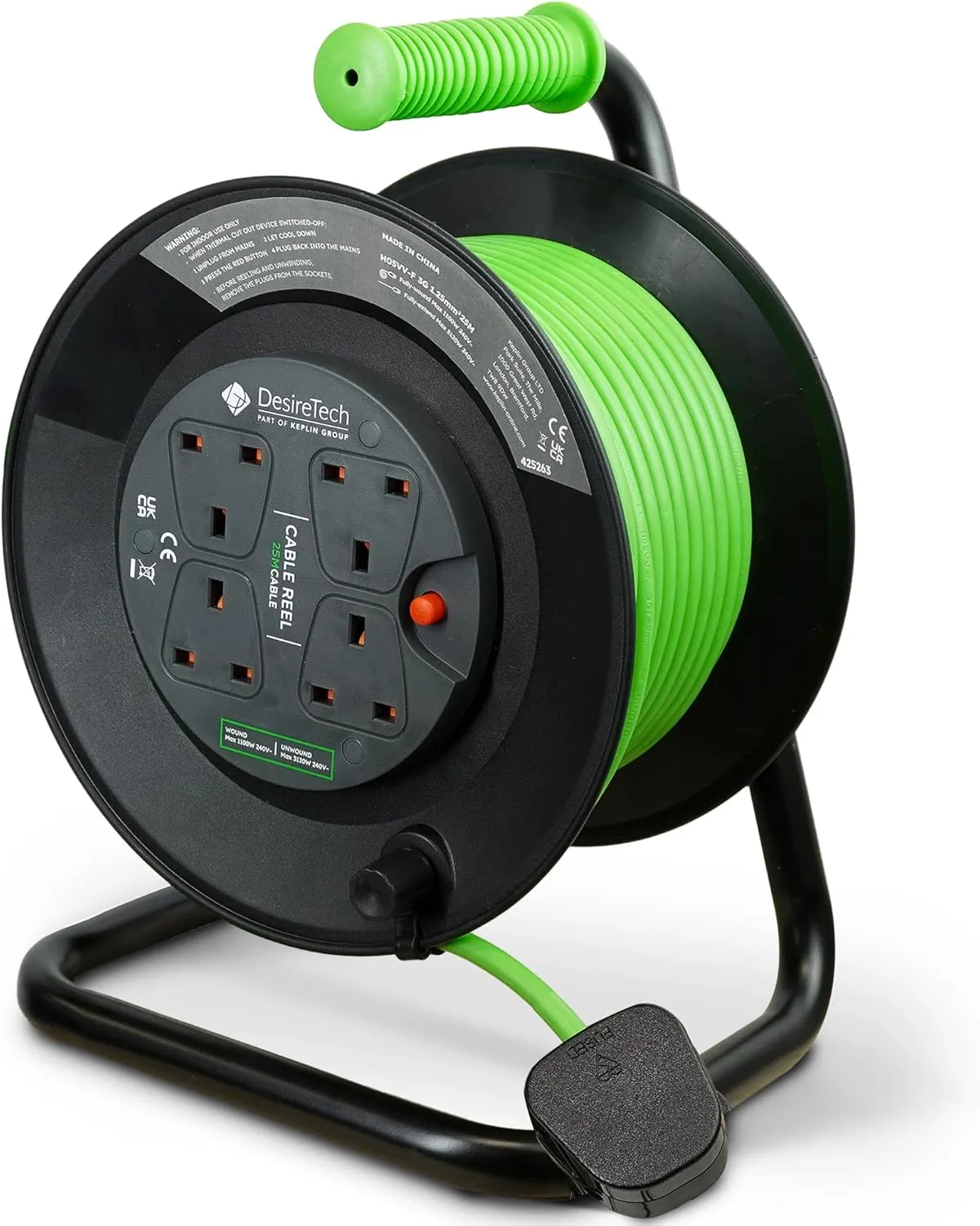 Desiretech 10-Metre Heavy-Duty Portable Cable Reel Extension Lead – 4 Shuttered Sockets, Thermal Cut-Out, Ergonomic Handle, Green/Black – Robust Extension Cord for Indoor Use