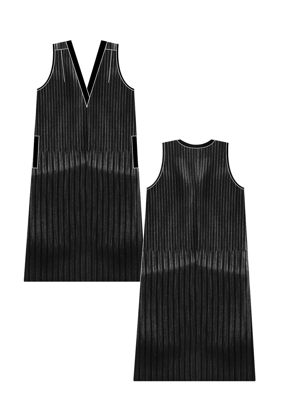 DRESS V-COLLAR SLEEVELESS - black pleated