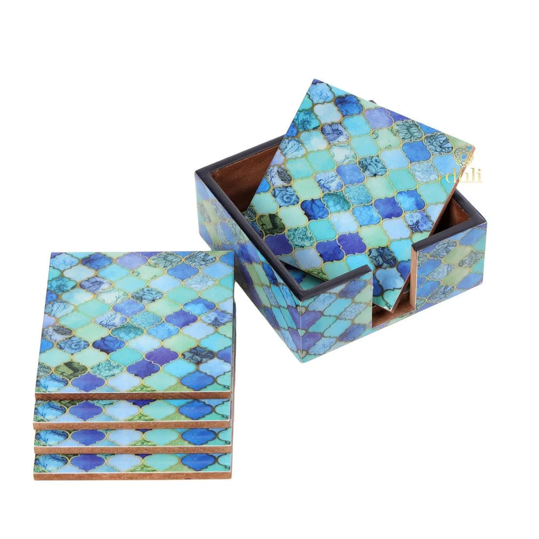 Enamel Coated Coasters in MDF Wood for Home and Dining Table Bluedrops Design (Set of 6 with case)