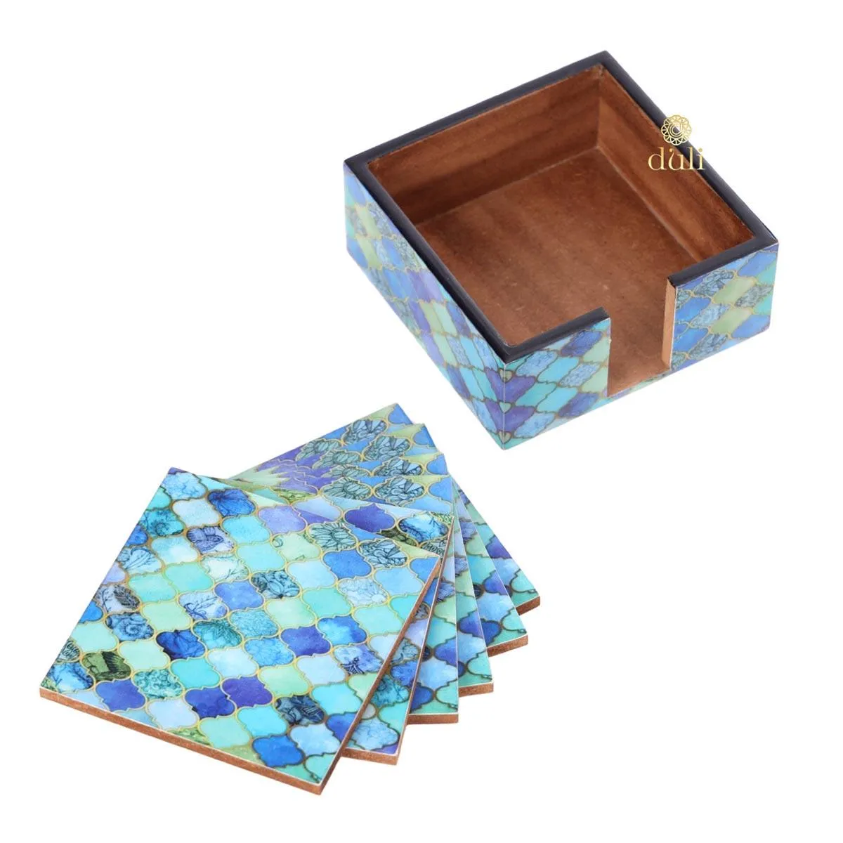 Enamel Coated Coasters in MDF Wood for Home and Dining Table Bluedrops Design (Set of 6 with case)