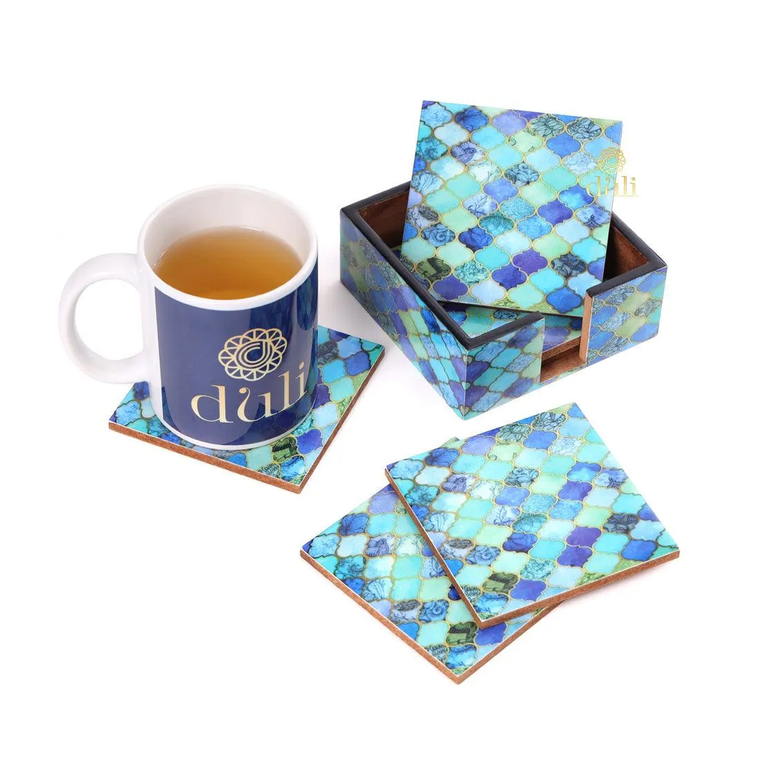 Enamel Coated Coasters in MDF Wood for Home and Dining Table Bluedrops Design (Set of 6 with case)