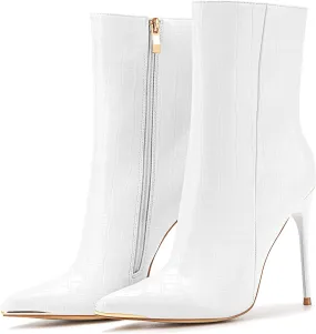 Fashion Patent Leather PU Stiletto Side Zipper Pointed Toe White Ankle Boots