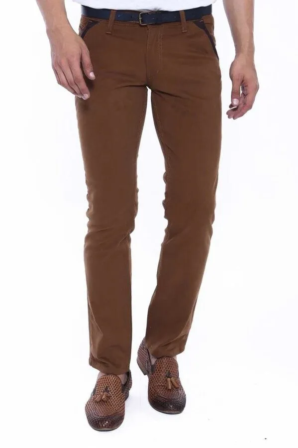 Gabardin Pockets Brown Men Pants - Wessi