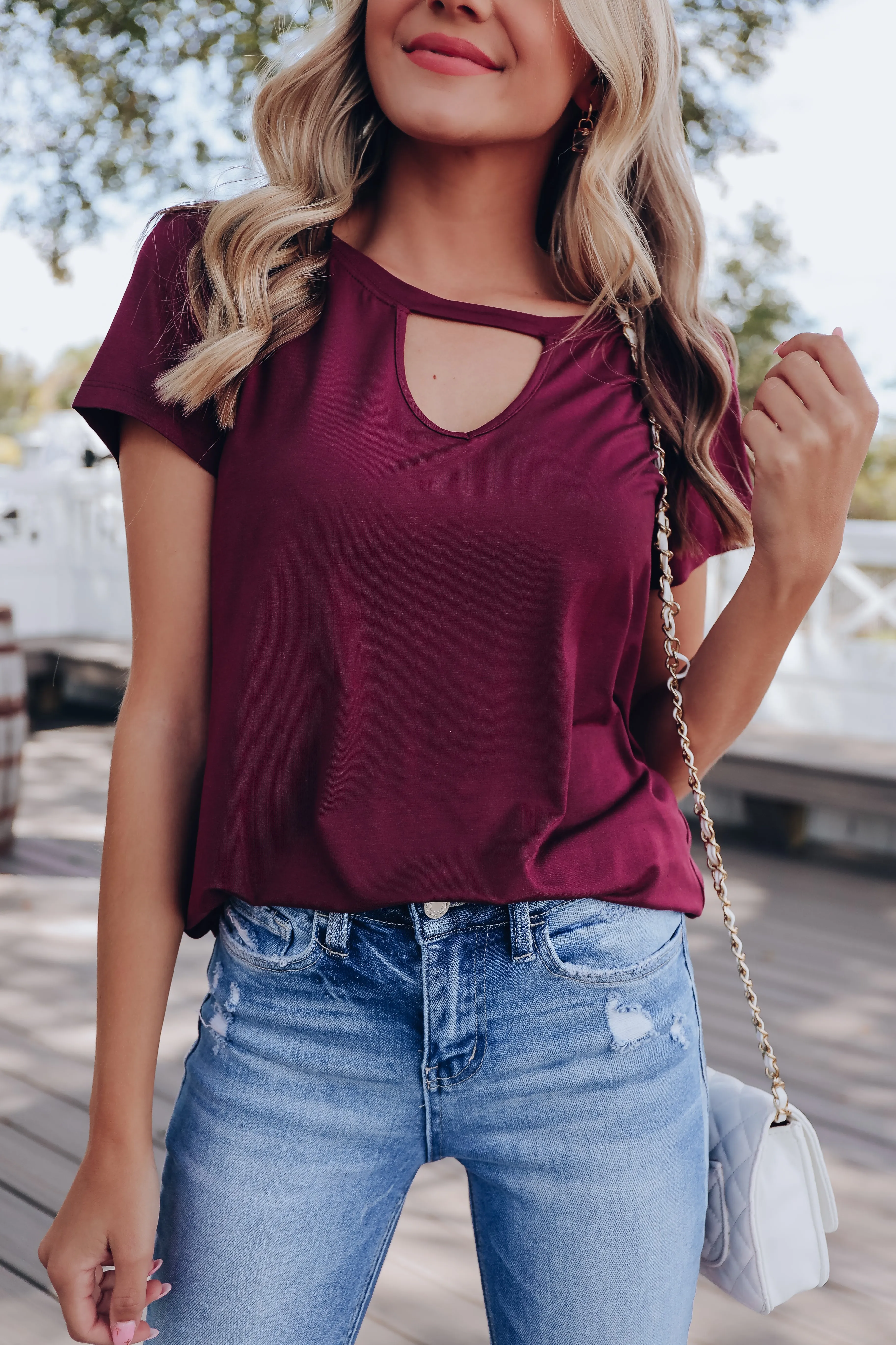 Go-To Solid Peek-A-Boo Tee - Wine