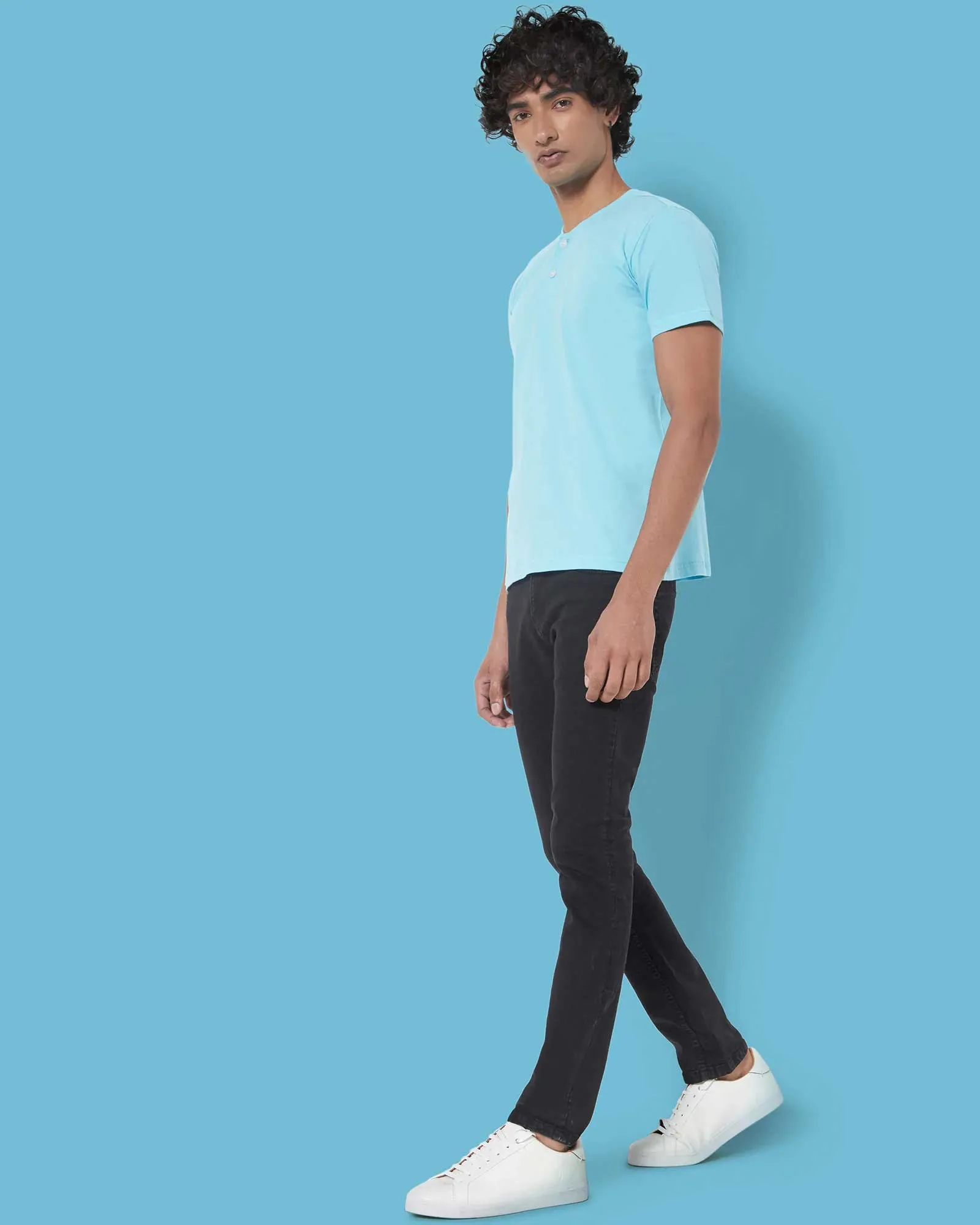 Half Sleeves Henley: Aqua Blue