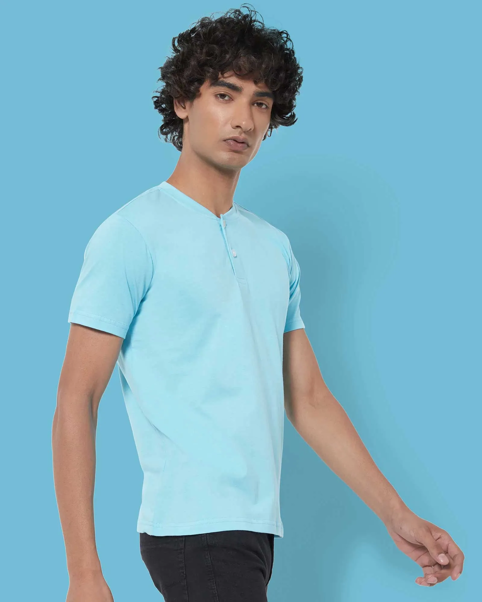 Half Sleeves Henley: Aqua Blue