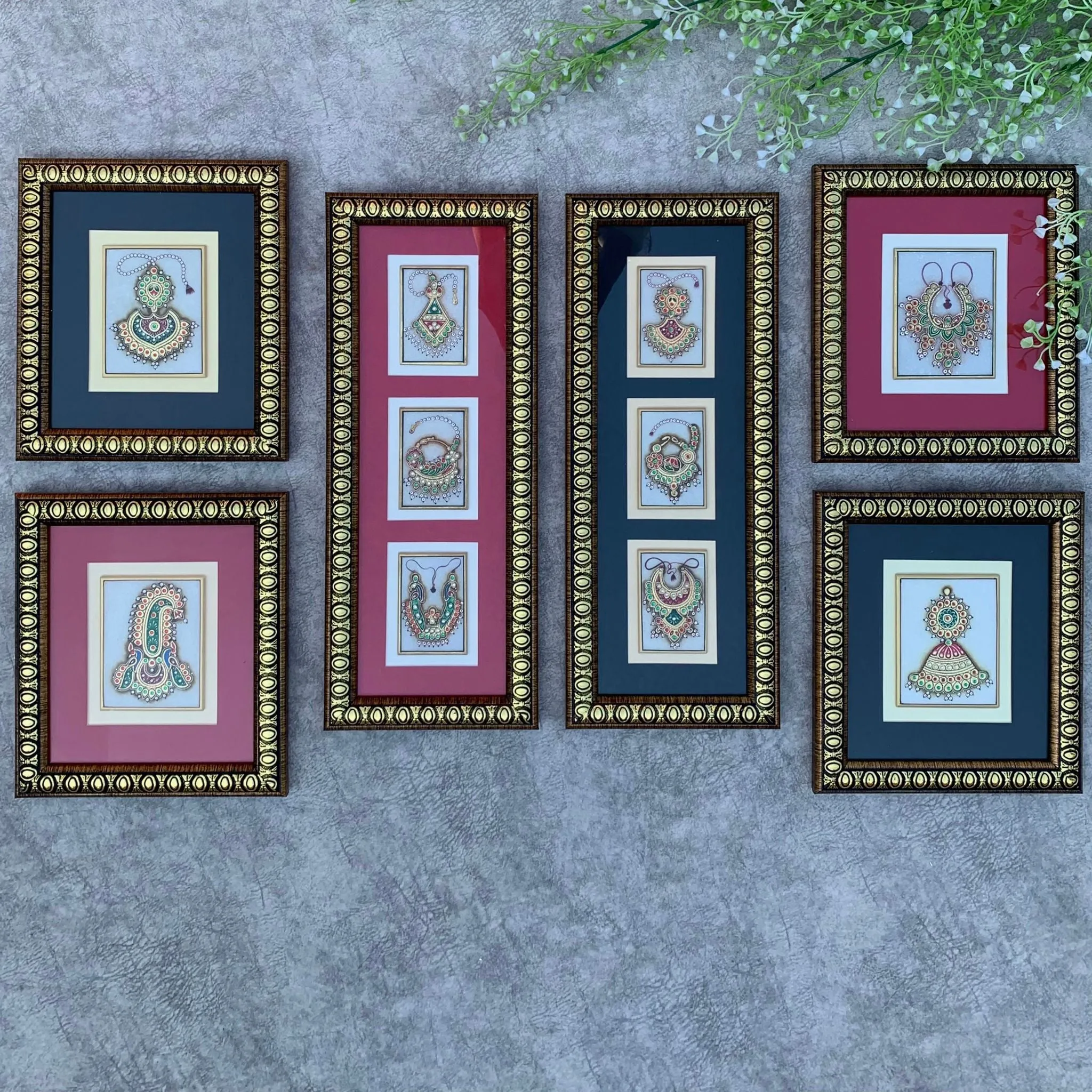 Handcrafted Jewelry Painting (Set of 6) - Wall Decor - 22K Gold Leaf Meenakari Marble Art