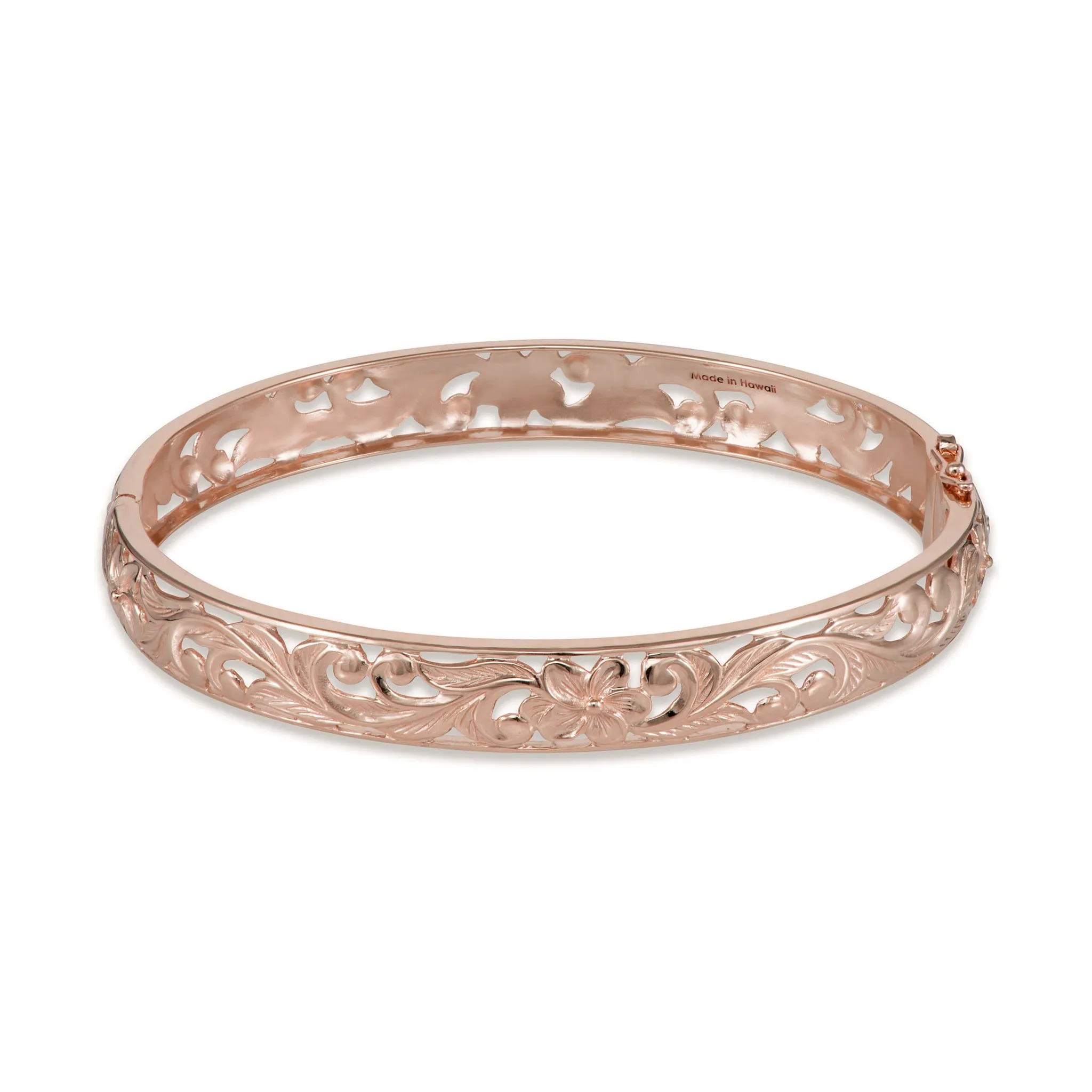 Hawaiian Heirloom Plumeria Hinge Bracelet in Rose Gold - 8mm