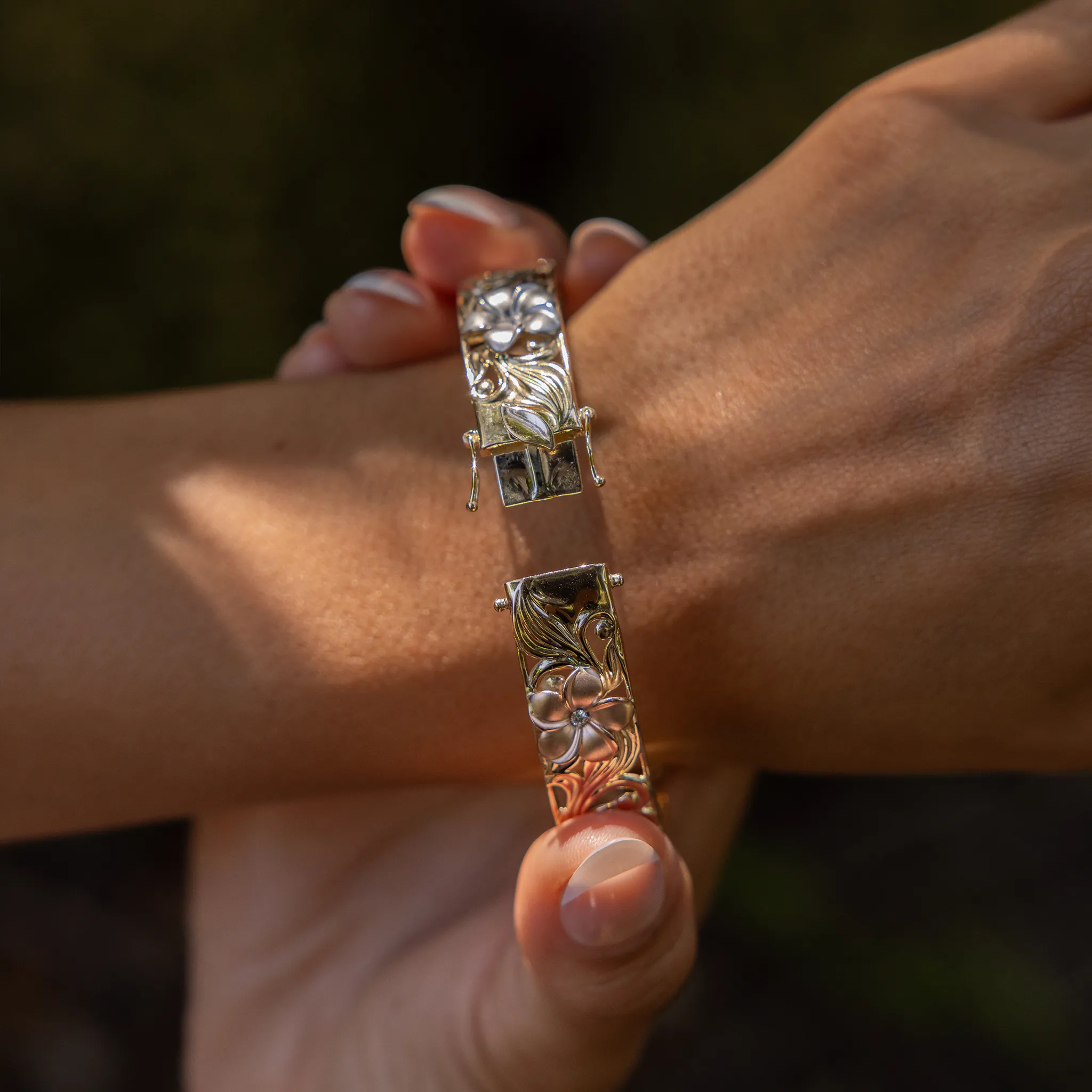 Hawaiian Heirloom Plumeria Hinge Bracelet in Tri Color Gold with Diamonds - 12mm