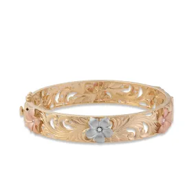 Hawaiian Heirloom Plumeria Hinge Bracelet in Tri Color Gold with Diamonds - 12mm