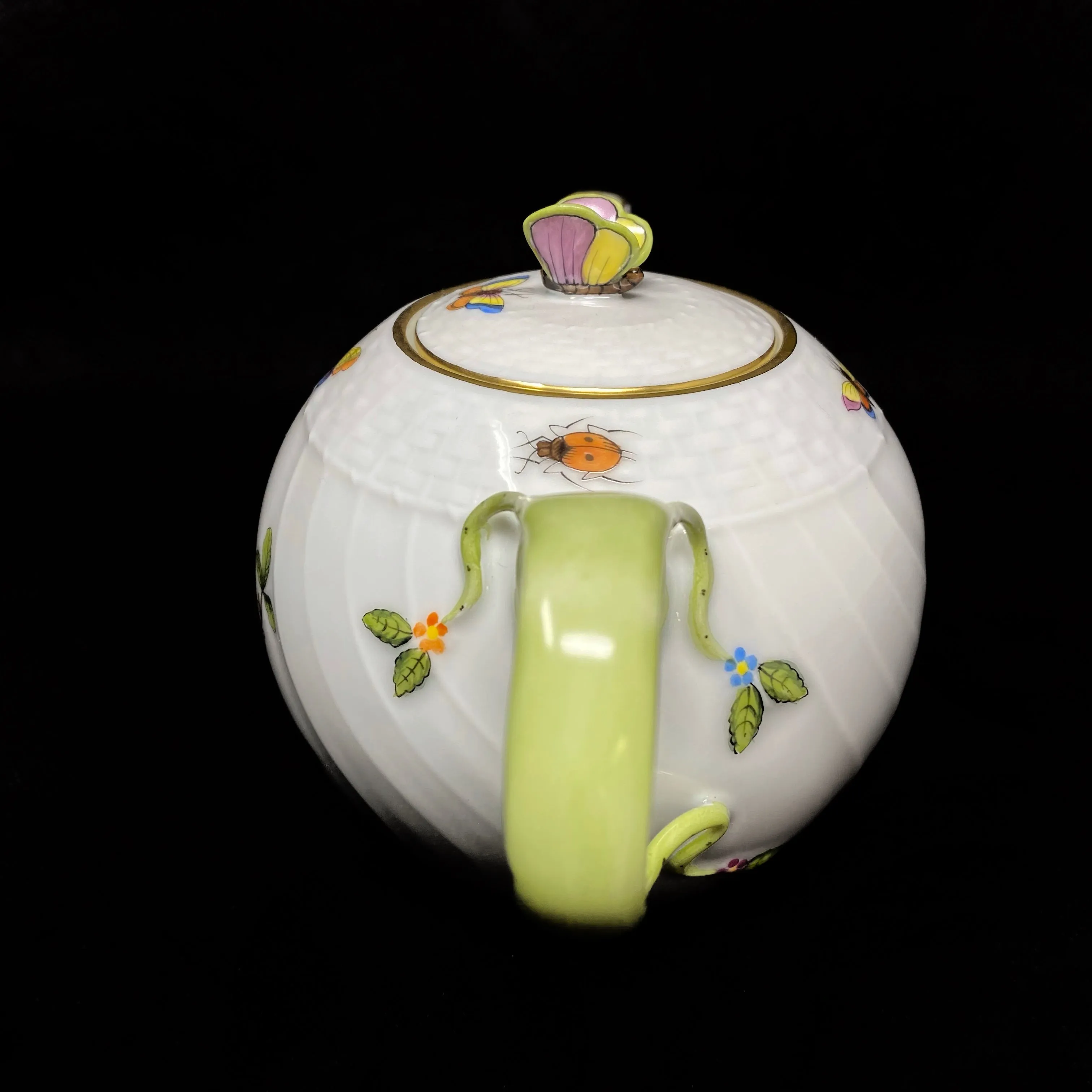 Herend Rothschild Bird Small Tea Pot Butterfly Finial 4" Tall