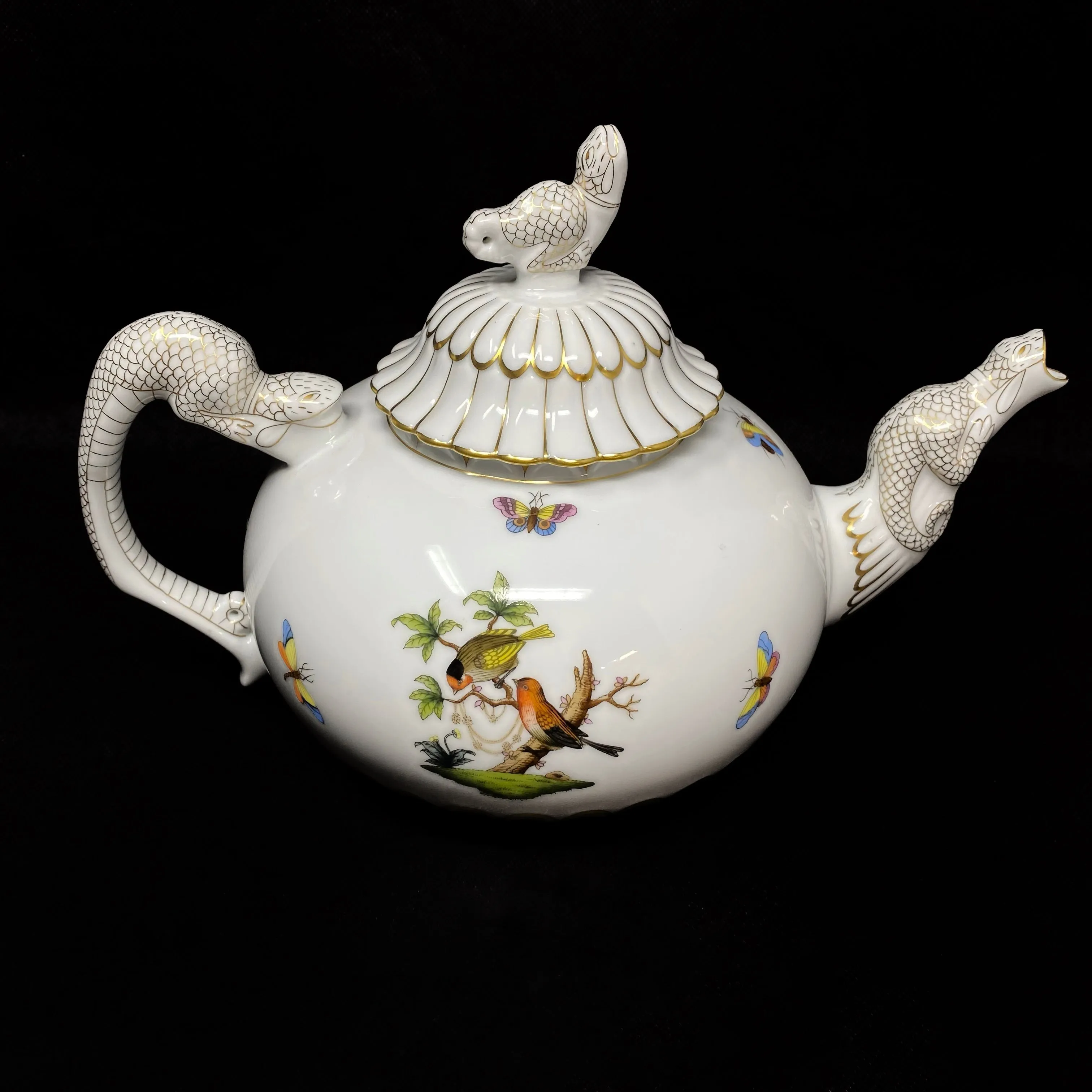 Herend Rothschild Bird Teapot Lizard Spout Handle Finial 7" Tall