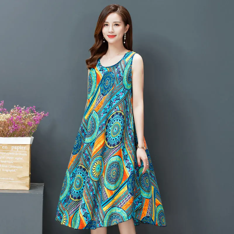 ikearlax Large Size Bourette Vest Dress Summer New Ethnic Style Women's Clothing Artistic Retro Printing Sleeveless Swing Long Dress