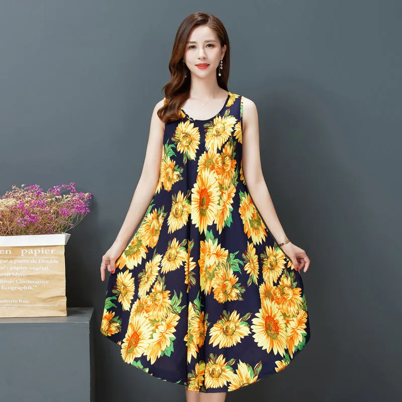 ikearlax Large Size Bourette Vest Dress Summer New Ethnic Style Women's Clothing Artistic Retro Printing Sleeveless Swing Long Dress