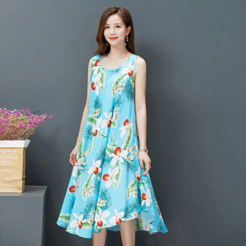 ikearlax Large Size Bourette Vest Dress Summer New Ethnic Style Women's Clothing Artistic Retro Printing Sleeveless Swing Long Dress