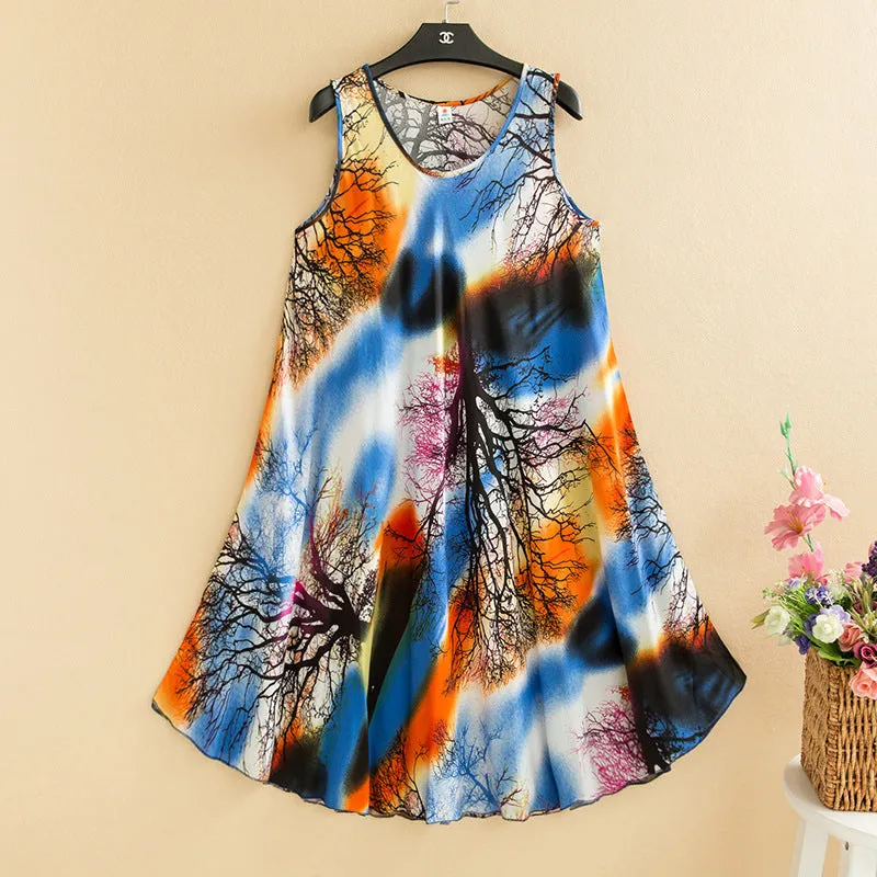 ikearlax Large Size Bourette Vest Dress Summer New Ethnic Style Women's Clothing Artistic Retro Printing Sleeveless Swing Long Dress