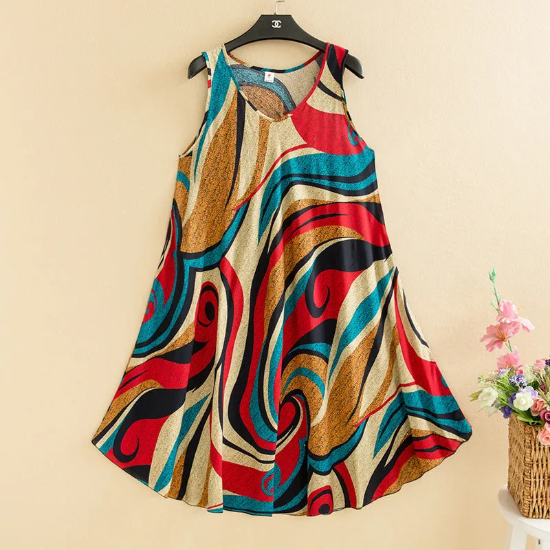 ikearlax Large Size Bourette Vest Dress Summer New Ethnic Style Women's Clothing Artistic Retro Printing Sleeveless Swing Long Dress