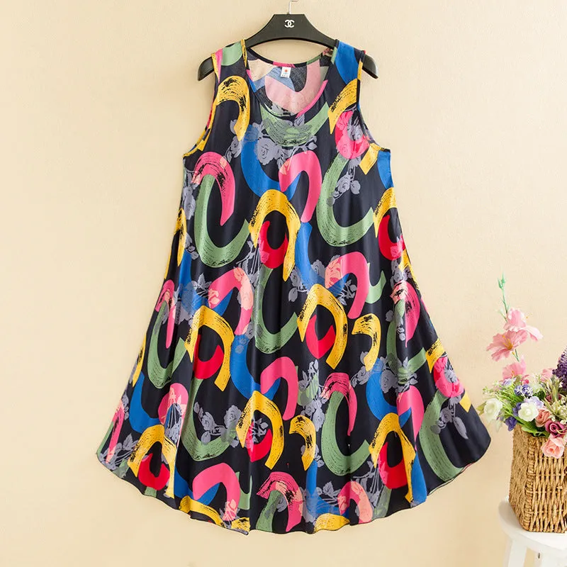 ikearlax Large Size Bourette Vest Dress Summer New Ethnic Style Women's Clothing Artistic Retro Printing Sleeveless Swing Long Dress