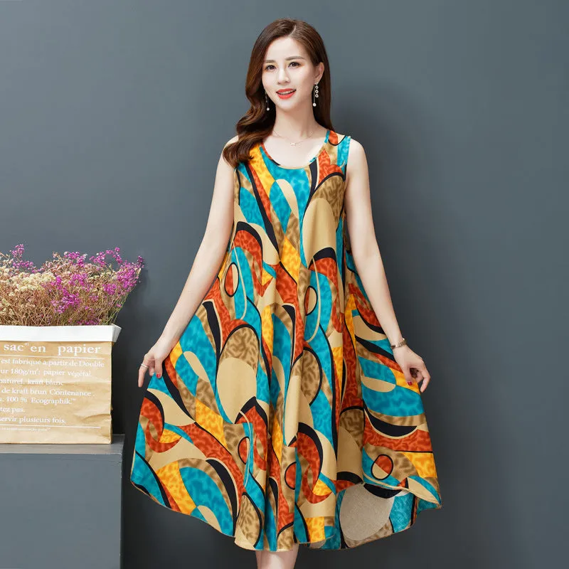 ikearlax Large Size Bourette Vest Dress Summer New Ethnic Style Women's Clothing Artistic Retro Printing Sleeveless Swing Long Dress