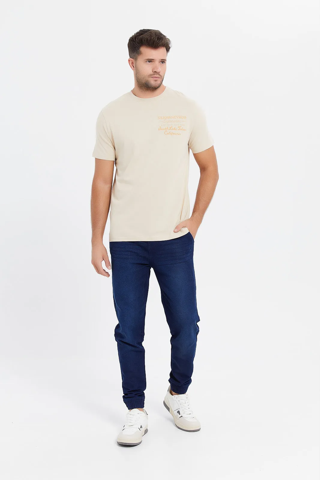 Men Beige Back Print T-Shirt