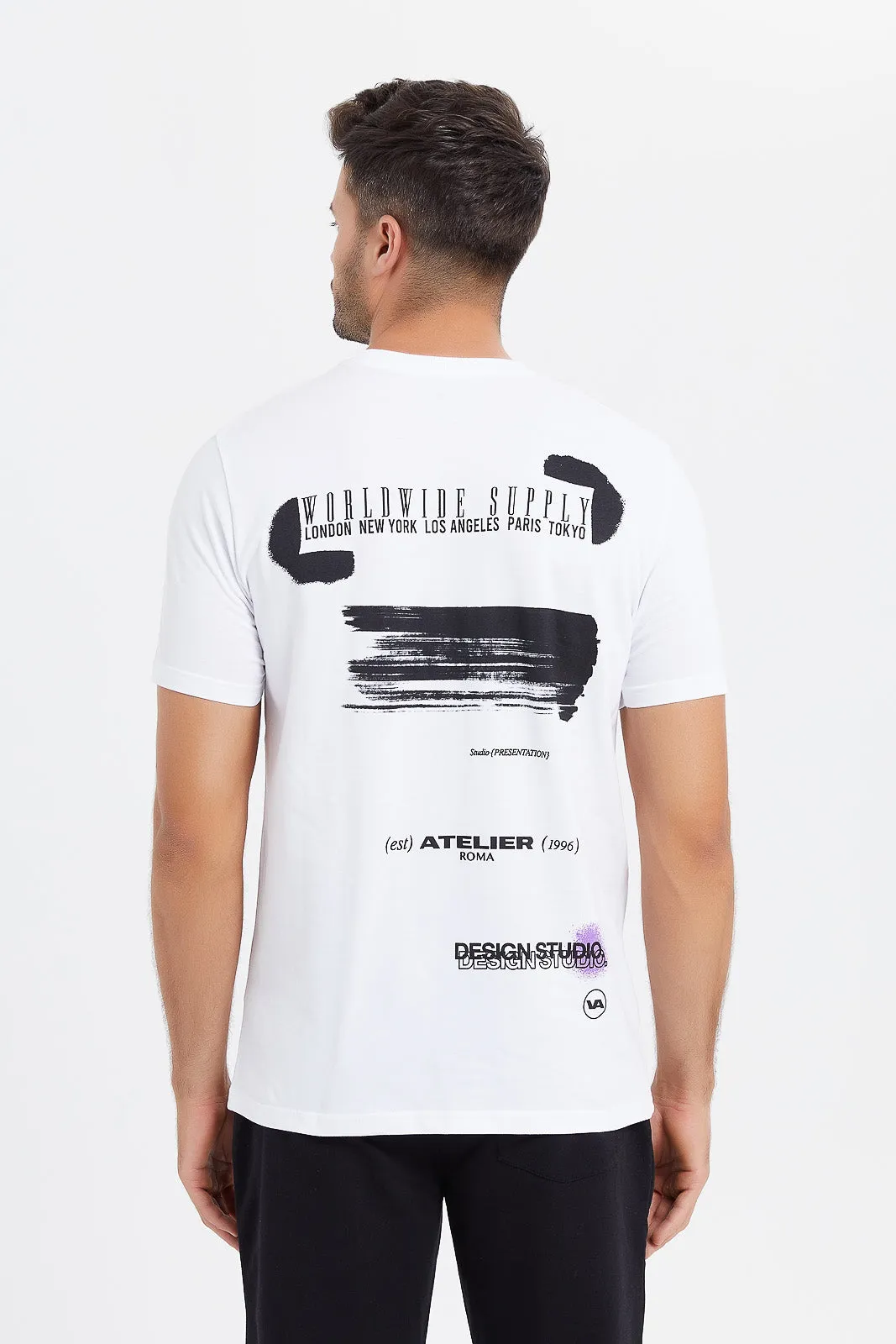 Men White Back Print T-Shirt