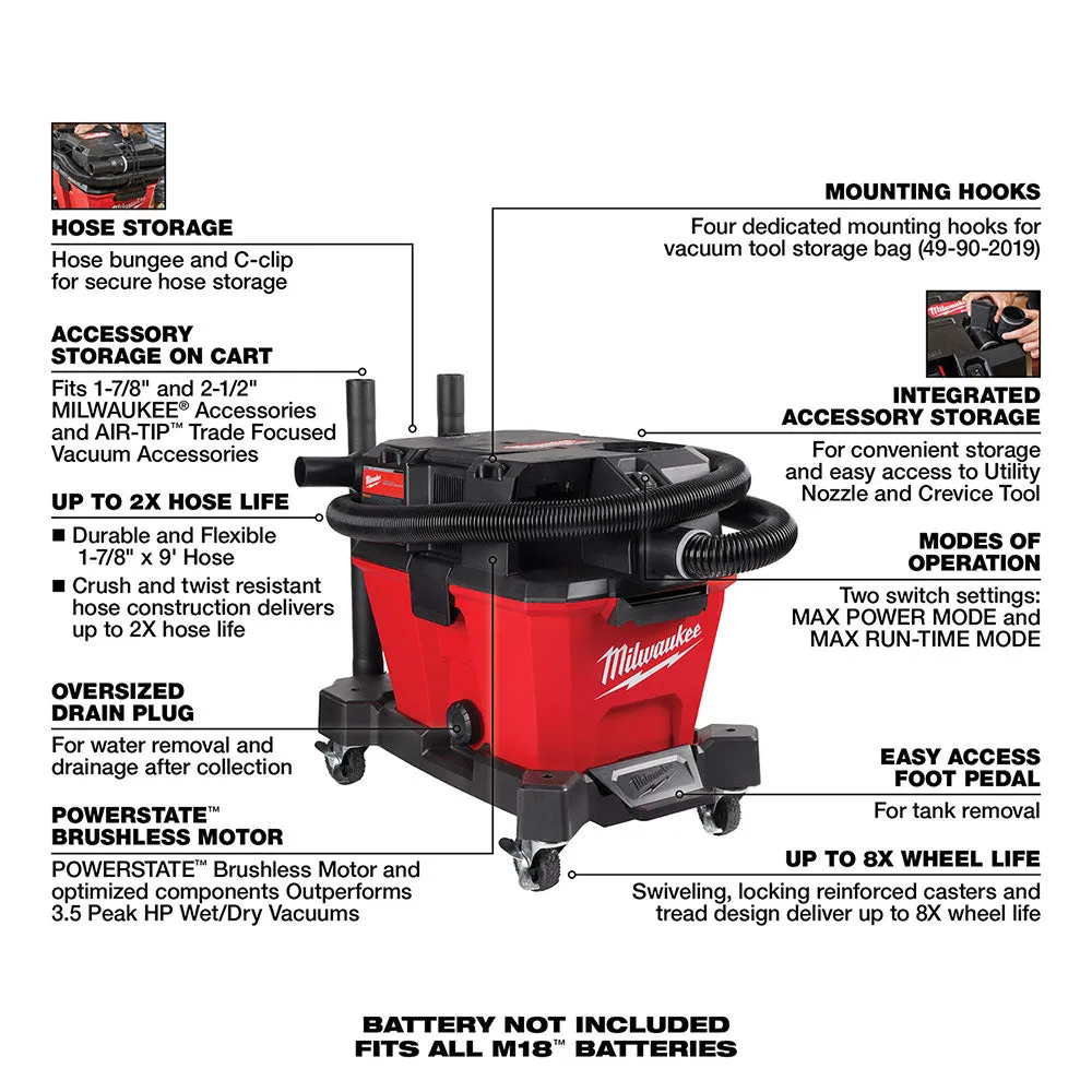 Milwaukee 0910-20CC M18 FUEL 6 Gal Wet/Dry Vacuum w/ AIR-TIP Bristle/Crevice Kit