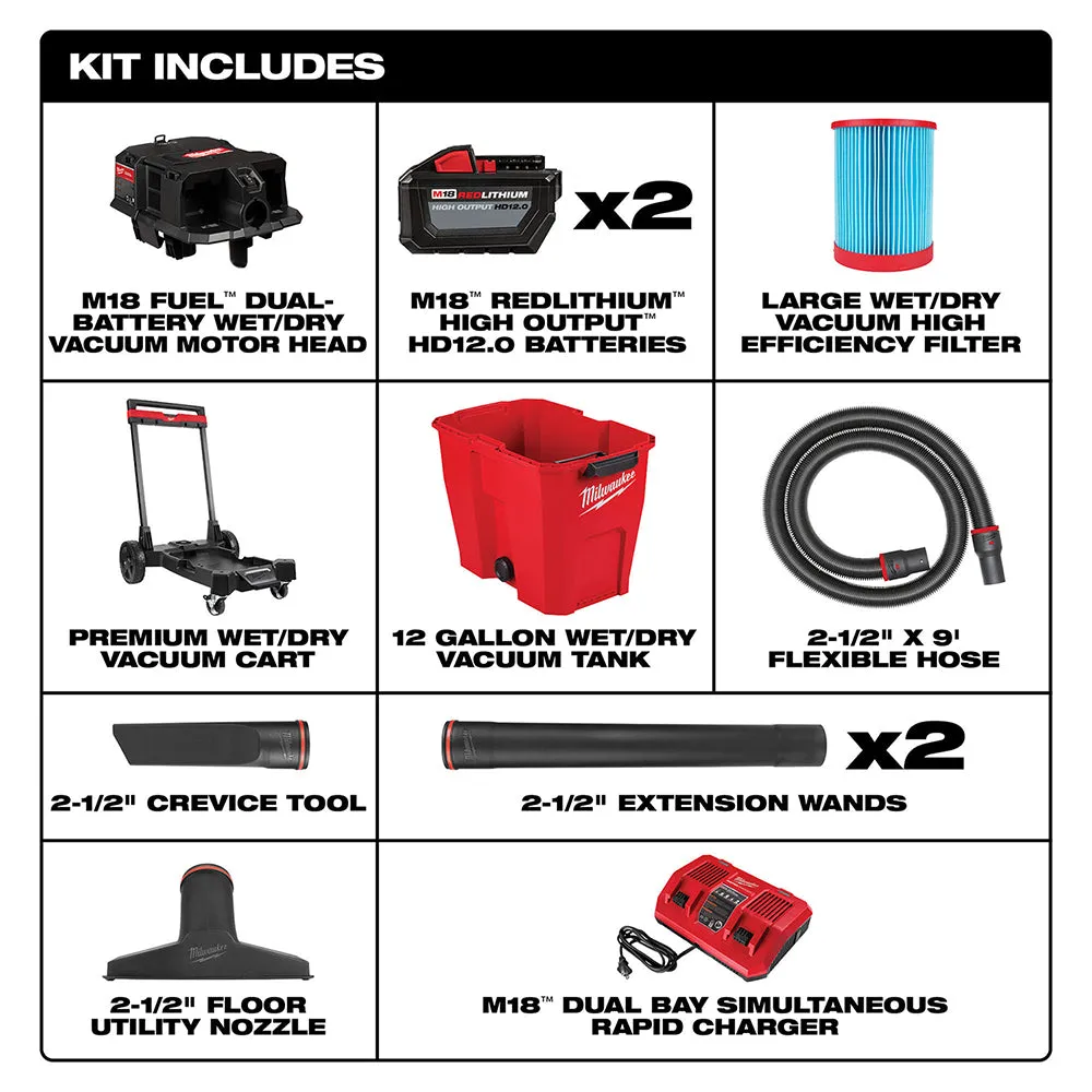 Milwaukee 0930-22HDB M18 FUEL 18V 12 Gallon Wet/Dry Vacuum Kit w/ Air-Tip Kit