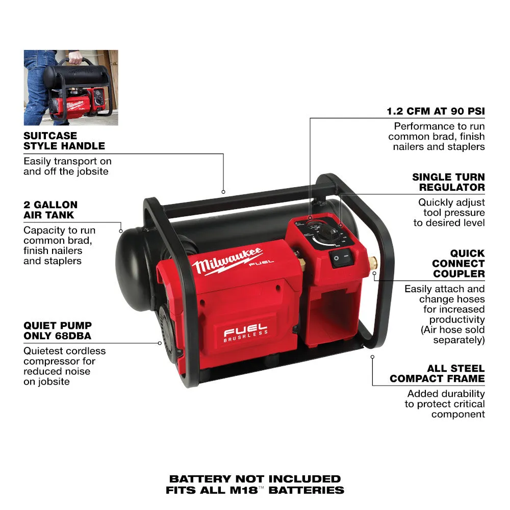 Milwaukee 2840-20B8F M18 FUEL 18V 2 Gallon Compact Compressor w/ 8AH Battery