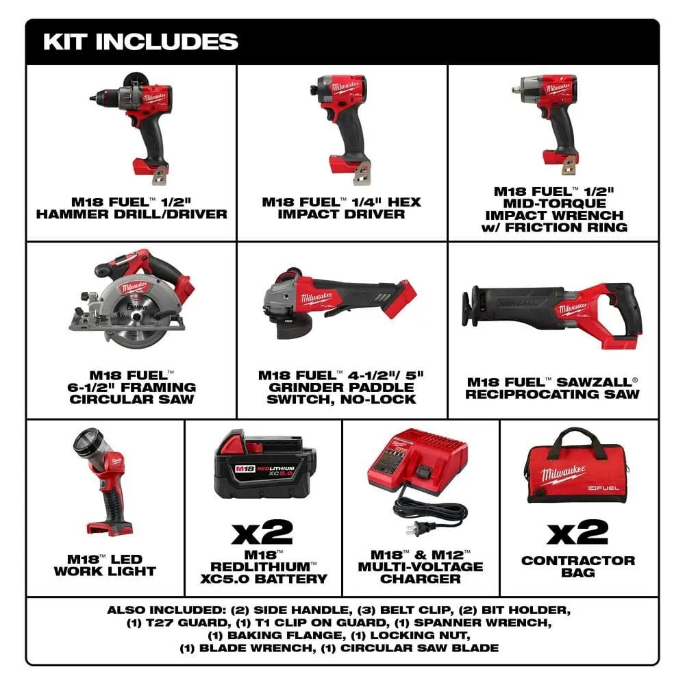 Milwaukee 3697-27 M18 FUEL 18V 7 Tool Cordless Lithium-Ion Combo Kit