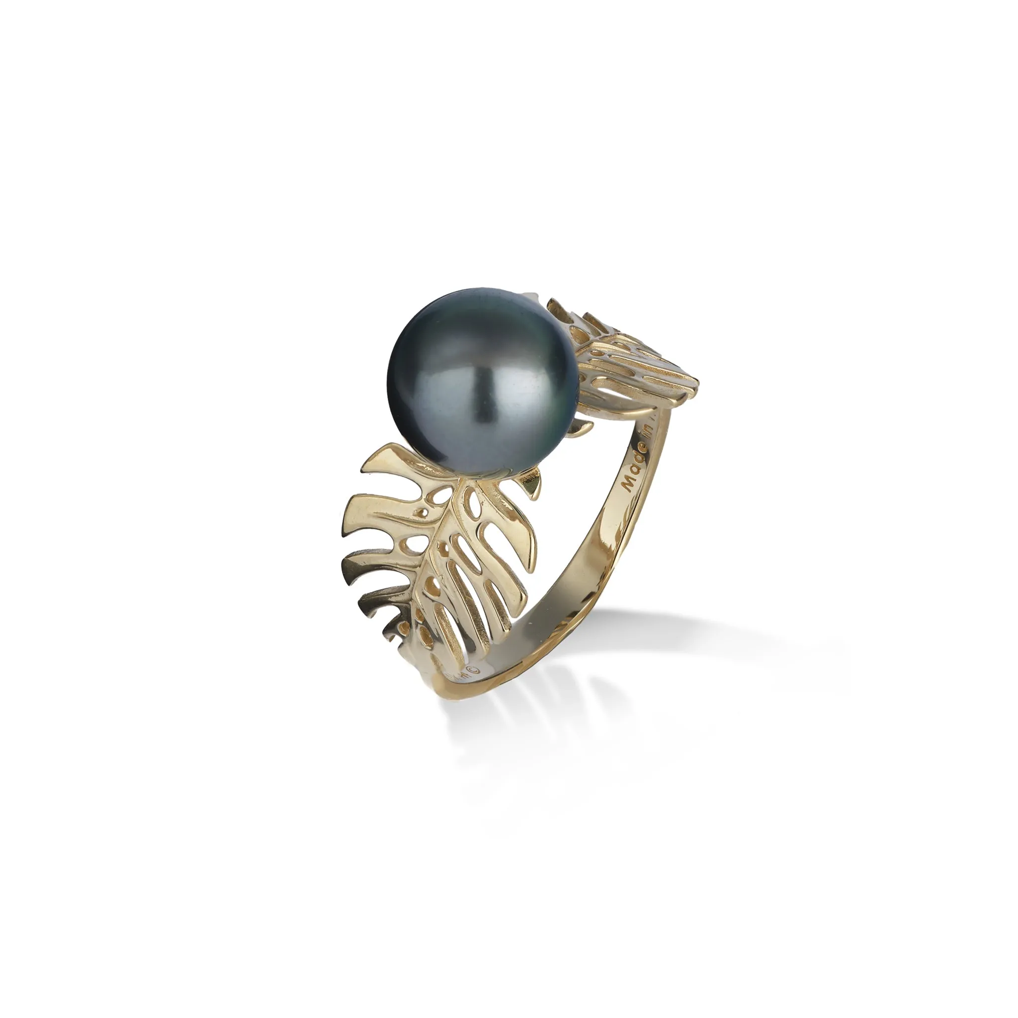 Monstera Tahitian Black Pearl Ring in Gold - 8-9mm