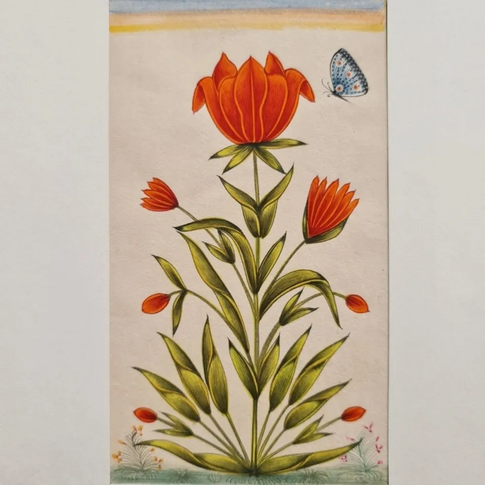 Original Mughal Inspired Painting of Red Flaming Flowers