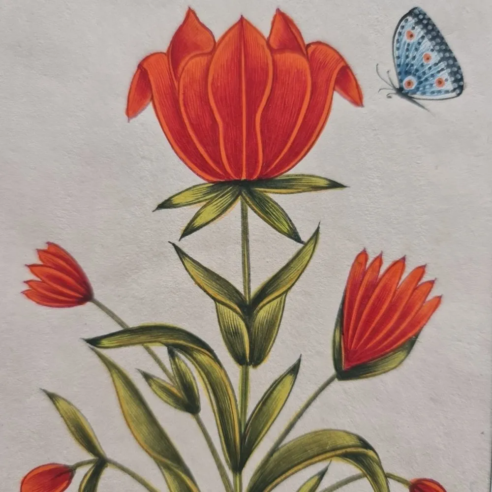 Original Mughal Inspired Painting of Red Flaming Flowers