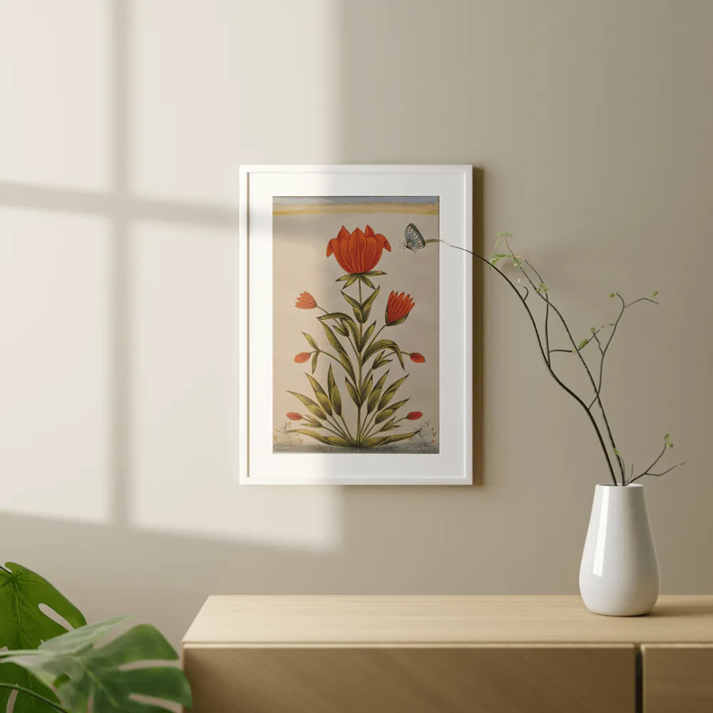 Original Mughal Inspired Painting of Red Flaming Flowers