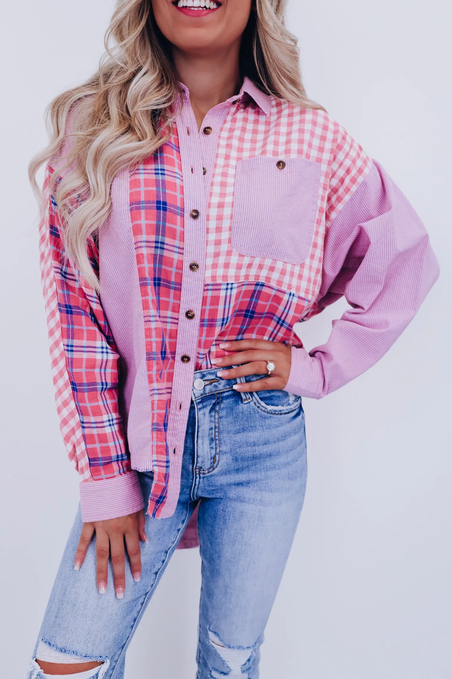 Penny Patchwork Color Block Top - Pink/Navy